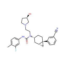 Cc1ccc(NC(=O)N(CCN2CC[C@@H](O)C2)[C@@H]2CC[C@]3(c4cccc(C#N)c4)C[C@@H]3C2)cc1F ZINC000028649828