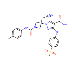 Cc1ccc(NC(=O)N2CC(CC#N)(n3cc(C(N)=O)c(Nc4ccc(S(C)(=O)=O)cc4)n3)C2)cc1 ZINC000220969536