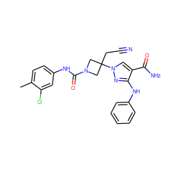 Cc1ccc(NC(=O)N2CC(CC#N)(n3cc(C(N)=O)c(Nc4ccccc4)n3)C2)cc1Cl ZINC000221028578