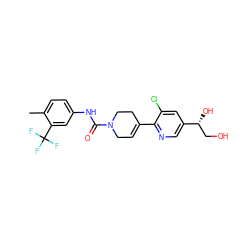 Cc1ccc(NC(=O)N2CC=C(c3ncc([C@H](O)CO)cc3Cl)CC2)cc1C(F)(F)F ZINC000141069443