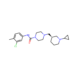 Cc1ccc(NC(=O)N2CCN(C[C@@H]3CCCN(C4CC4)C3)CC2)cc1Cl ZINC000084708999