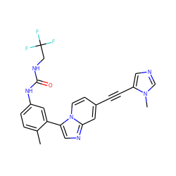 Cc1ccc(NC(=O)NCC(F)(F)F)cc1-c1cnc2cc(C#Cc3cncn3C)ccn12 ZINC000139671525