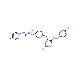 Cc1ccc(NC(=O)NCC2(O)CCC(Cc3cc(Br)ccc3OCc3ccc(Cl)cc3)CC2)cc1 ZINC000103166863