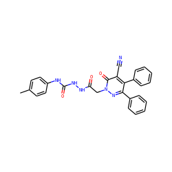 Cc1ccc(NC(=O)NNC(=O)Cn2nc(-c3ccccc3)c(-c3ccccc3)c(C#N)c2=O)cc1 ZINC000000642447