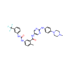 Cc1ccc(NC(=O)Nc2cccc(C(F)(F)F)c2)cc1C(=O)Nc1cnc(Nc2ccc(N3CCN(C)CC3)cc2)nc1 ZINC000053206605