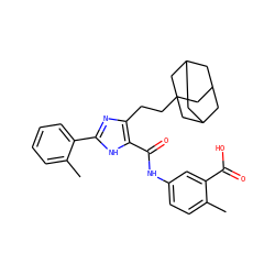 Cc1ccc(NC(=O)c2[nH]c(-c3ccccc3C)nc2CCC23CC4CC(CC(C4)C2)C3)cc1C(=O)O ZINC000013674711