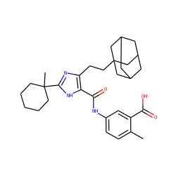 Cc1ccc(NC(=O)c2[nH]c(C3(C)CCCCC3)nc2CCC23CC4CC(CC(C4)C2)C3)cc1C(=O)O ZINC000013674746