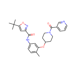 Cc1ccc(NC(=O)c2cc(C(C)(C)C)on2)cc1OC1CCN(C(=O)c2cccnc2)CC1 ZINC000653830124