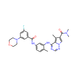 Cc1ccc(NC(=O)c2cc(F)cc(N3CCOCC3)c2)cc1Nc1ncnn2cc(C(=O)N(C)C)c(C)c12 ZINC000029050486