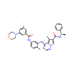 Cc1ccc(NC(=O)c2cc(F)cc(N3CCOCC3)c2)cc1Nc1ncnn2cc(C(=O)N[C@H](C)c3ccccc3)c(C)c12 ZINC000029048340