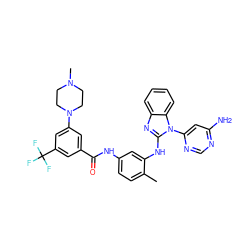 Cc1ccc(NC(=O)c2cc(N3CCN(C)CC3)cc(C(F)(F)F)c2)cc1Nc1nc2ccccc2n1-c1cc(N)ncn1 ZINC000049780500