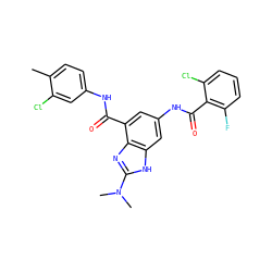 Cc1ccc(NC(=O)c2cc(NC(=O)c3c(F)cccc3Cl)cc3[nH]c(N(C)C)nc23)cc1Cl ZINC000224799154