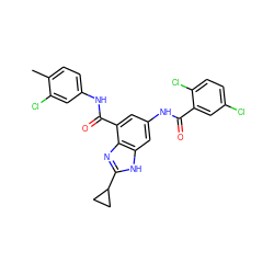 Cc1ccc(NC(=O)c2cc(NC(=O)c3cc(Cl)ccc3Cl)cc3[nH]c(C4CC4)nc23)cc1Cl ZINC000205655903