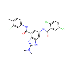 Cc1ccc(NC(=O)c2cc(NC(=O)c3cc(Cl)ccc3Cl)cc3[nH]c(N(C)C)nc23)cc1Cl ZINC000205653978