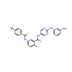 Cc1ccc(NC(=O)c2ccc(C(F)(F)F)cc2)cc1C(=O)Nc1cnc(Nc2cccc(N)c2)nc1 ZINC000169353159