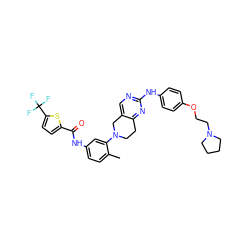 Cc1ccc(NC(=O)c2ccc(C(F)(F)F)s2)cc1N1CCc2nc(Nc3ccc(OCCN4CCCC4)cc3)ncc2C1 ZINC000146939601