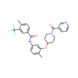 Cc1ccc(NC(=O)c2ccc(C)c(C(F)(F)F)c2)cc1OC1CCN(C(=O)c2cccnc2)CC1 ZINC000653825900