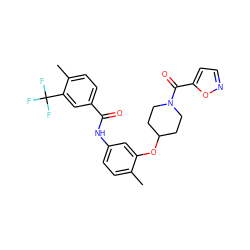 Cc1ccc(NC(=O)c2ccc(C)c(C(F)(F)F)c2)cc1OC1CCN(C(=O)c2ccno2)CC1 ZINC000653827946