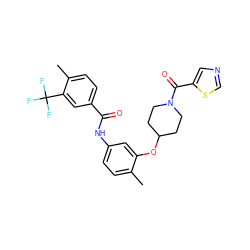 Cc1ccc(NC(=O)c2ccc(C)c(C(F)(F)F)c2)cc1OC1CCN(C(=O)c2cncs2)CC1 ZINC000653827917