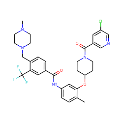 Cc1ccc(NC(=O)c2ccc(CN3CCN(C)CC3)c(C(F)(F)F)c2)cc1OC1CCN(C(=O)c2cncc(Cl)c2)CC1 ZINC001772600698