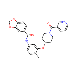 Cc1ccc(NC(=O)c2ccc3c(c2)OCO3)cc1OC1CCN(C(=O)c2cccnc2)CC1 ZINC000653830168