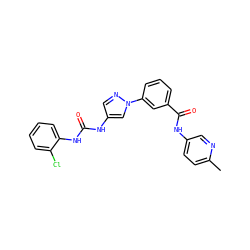 Cc1ccc(NC(=O)c2cccc(-n3cc(NC(=O)Nc4ccccc4Cl)cn3)c2)cn1 ZINC000299838028