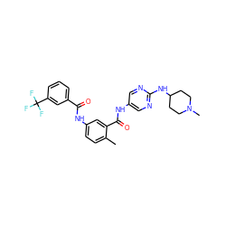 Cc1ccc(NC(=O)c2cccc(C(F)(F)F)c2)cc1C(=O)Nc1cnc(NC2CCN(C)CC2)nc1 ZINC000029135473