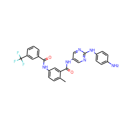 Cc1ccc(NC(=O)c2cccc(C(F)(F)F)c2)cc1C(=O)Nc1cnc(Nc2ccc(N)cc2)nc1 ZINC000169352889