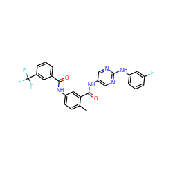 Cc1ccc(NC(=O)c2cccc(C(F)(F)F)c2)cc1C(=O)Nc1cnc(Nc2cccc(F)c2)nc1 ZINC000169352887