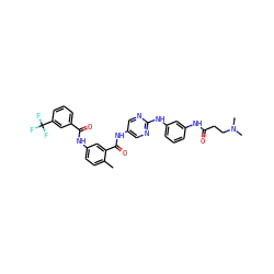 Cc1ccc(NC(=O)c2cccc(C(F)(F)F)c2)cc1C(=O)Nc1cnc(Nc2cccc(NC(=O)CCN(C)C)c2)nc1 ZINC000169352892