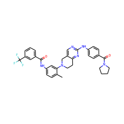 Cc1ccc(NC(=O)c2cccc(C(F)(F)F)c2)cc1N1CCc2nc(Nc3ccc(C(=O)N4CCCC4)cc3)ncc2C1 ZINC000146938443