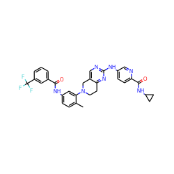 Cc1ccc(NC(=O)c2cccc(C(F)(F)F)c2)cc1N1CCc2nc(Nc3ccc(C(=O)NC4CC4)nc3)ncc2C1 ZINC000118390350