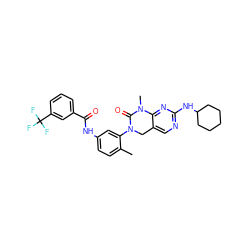 Cc1ccc(NC(=O)c2cccc(C(F)(F)F)c2)cc1N1Cc2cnc(NC3CCCCC3)nc2N(C)C1=O ZINC000142686149