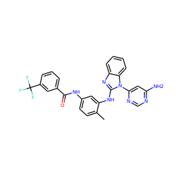 Cc1ccc(NC(=O)c2cccc(C(F)(F)F)c2)cc1Nc1nc2ccccc2n1-c1cc(N)ncn1 ZINC000034803893