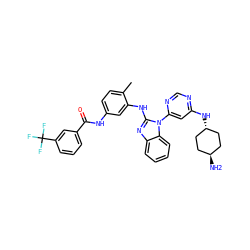 Cc1ccc(NC(=O)c2cccc(C(F)(F)F)c2)cc1Nc1nc2ccccc2n1-c1cc(N[C@H]2CC[C@H](N)CC2)ncn1 ZINC000253992121