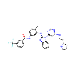 Cc1ccc(NC(=O)c2cccc(C(F)(F)F)c2)cc1Nc1nc2ccccc2n1-c1cc(NCC[C@@H]2CCCN2)ncn1 ZINC000049775261