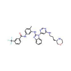 Cc1ccc(NC(=O)c2cccc(C(F)(F)F)c2)cc1Nc1nc2ccccc2n1-c1cc(NCCC[C@@H]2COCCN2)ncn1 ZINC000049777420