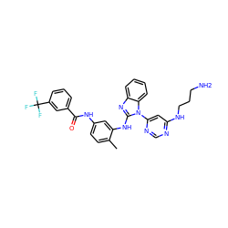 Cc1ccc(NC(=O)c2cccc(C(F)(F)F)c2)cc1Nc1nc2ccccc2n1-c1cc(NCCCN)ncn1 ZINC000049925434