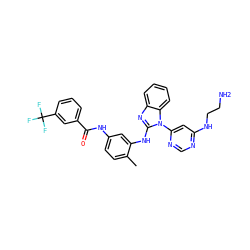 Cc1ccc(NC(=O)c2cccc(C(F)(F)F)c2)cc1Nc1nc2ccccc2n1-c1cc(NCCN)ncn1 ZINC000049777944