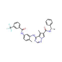 Cc1ccc(NC(=O)c2cccc(C(F)(F)F)c2)cc1Nc1ncnn2cc(C(=O)N[C@@H](C)c3ccccc3)c(C)c12 ZINC000029049769