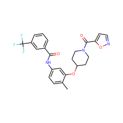 Cc1ccc(NC(=O)c2cccc(C(F)(F)F)c2)cc1OC1CCN(C(=O)c2ccno2)CC1 ZINC000653823243