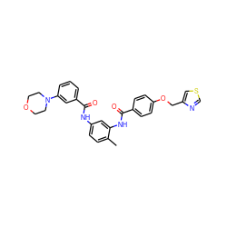 Cc1ccc(NC(=O)c2cccc(N3CCOCC3)c2)cc1NC(=O)c1ccc(OCc2cscn2)cc1 ZINC000028384267