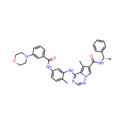 Cc1ccc(NC(=O)c2cccc(N3CCOCC3)c2)cc1Nc1ncnn2cc(C(=O)N[C@@H](C)c3ccccc3)c(C)c12 ZINC000014210675