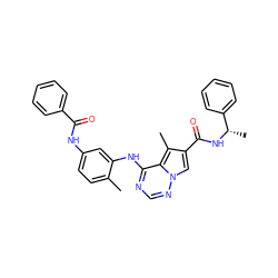 Cc1ccc(NC(=O)c2ccccc2)cc1Nc1ncnn2cc(C(=O)N[C@@H](C)c3ccccc3)c(C)c12 ZINC000029049959