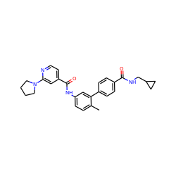 Cc1ccc(NC(=O)c2ccnc(N3CCCC3)c2)cc1-c1ccc(C(=O)NCC2CC2)cc1 ZINC000040918026