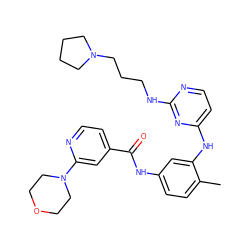 Cc1ccc(NC(=O)c2ccnc(N3CCOCC3)c2)cc1Nc1ccnc(NCCCN2CCCC2)n1 ZINC000028378110