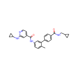 Cc1ccc(NC(=O)c2ccnc(NC3CC3)c2)cc1-c1ccc(C(=O)NCC2CC2)cc1 ZINC000040403167