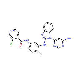 Cc1ccc(NC(=O)c2ccncc2Cl)cc1Nc1nc2ccccc2n1-c1cc(N)ncn1 ZINC000049049292