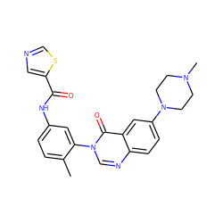 Cc1ccc(NC(=O)c2cncs2)cc1-n1cnc2ccc(N3CCN(C)CC3)cc2c1=O ZINC000084653221