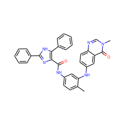 Cc1ccc(NC(=O)c2nc(-c3ccccc3)[nH]c2-c2ccccc2)cc1Nc1ccc2ncn(C)c(=O)c2c1 ZINC000049766749